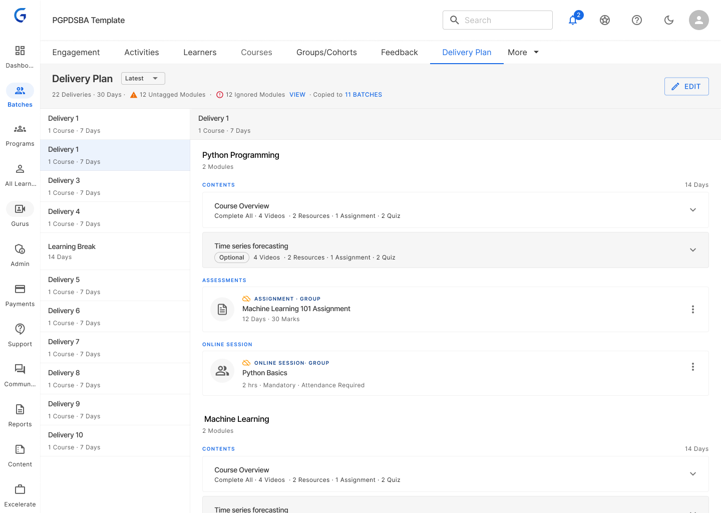 Template Delivery Planning — View 1